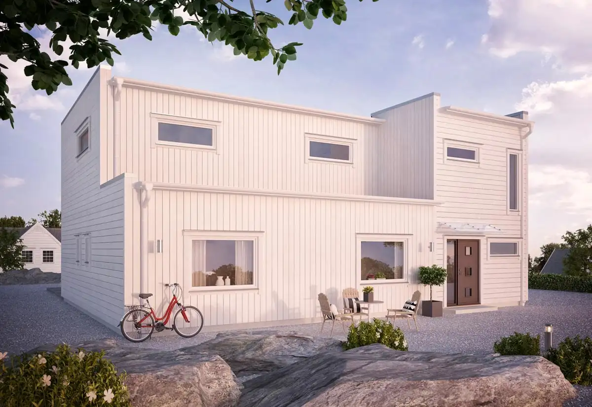 Hav&auml;ng &auml;r ett 2-plans modernt funkishus fr&aring;n Mj&ouml;b&auml;cksvillan med gener&ouml;sa umg&auml;ngesytor p&aring; &ouml;vre plan.